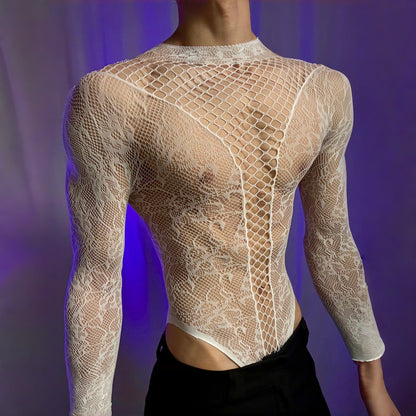 Men’s See-Through Hollow Long Sleeve Bodysuit