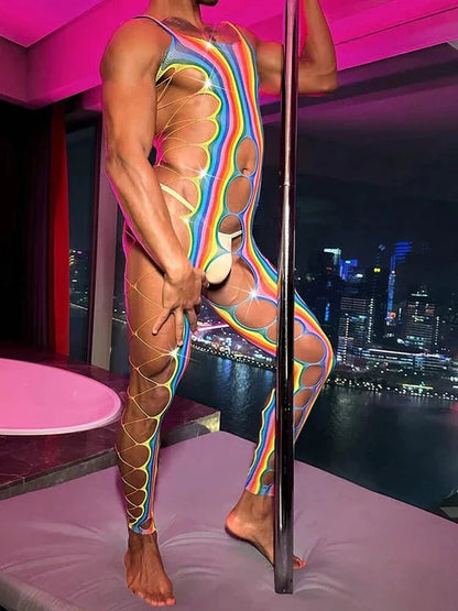 Men's Sexy Hollow Design Rainbow Bodysuit - LTW004