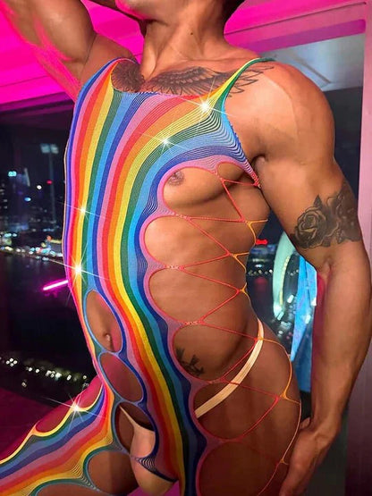 Men's Sexy Hollow Design Rainbow Bodysuit - LTW004