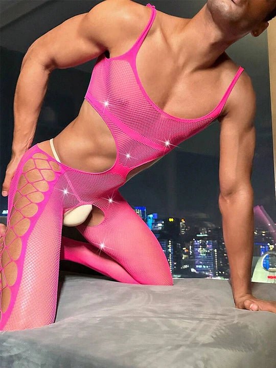 Men's Sexy Hollow Fishnet Suspender Bodysuit - LTW012