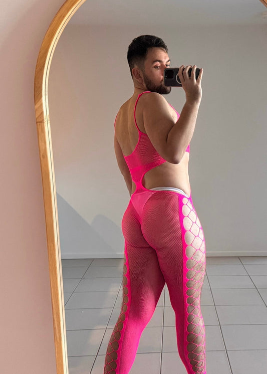 Men's Sexy Hollow Fishnet Suspender Bodysuit - LTW012