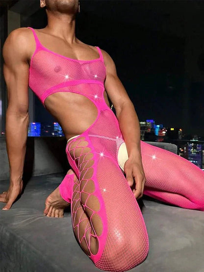 Men's Sexy Hollow Fishnet Suspender Bodysuit - LTW012