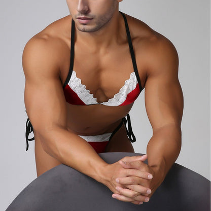 Men's Sexy Lace Red Christmas Bikini Set - QQNY033