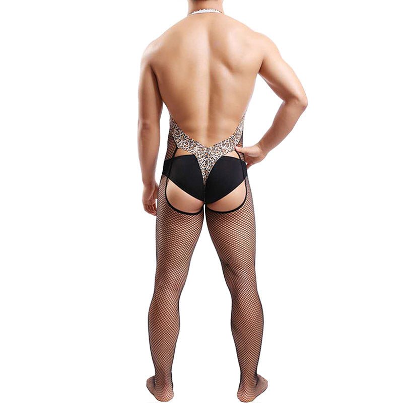 Men's Sexy Leopard Hip-Baring Fishnet Bodysuit - LTW003