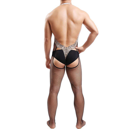 Men's Sexy Leopard Hip-Baring Fishnet Bodysuit - LTW003