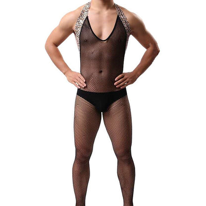 Men's Sexy Leopard Hip-Baring Fishnet Bodysuit - LTW003