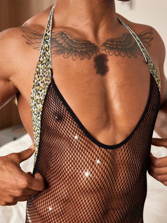 Men's Sexy Leopard Hip-Baring Fishnet Bodysuit - LTW003
