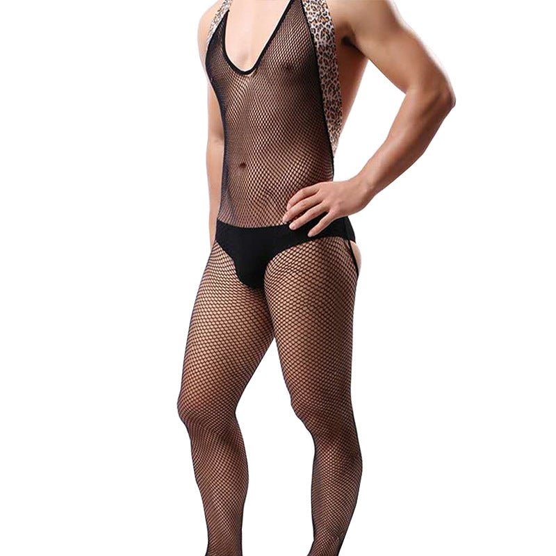 Men's Sexy Leopard Hip-Baring Fishnet Bodysuit - LTW003