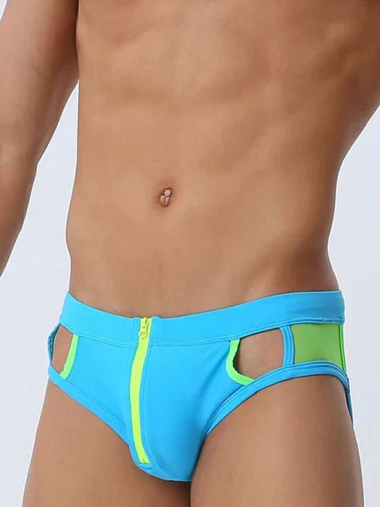 Men's Sexy Mesh Hollow Front Zipper Swim Briefs - YK058