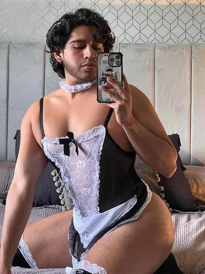 Men's Sexy Mesh Maid Uniform Set - ZF005