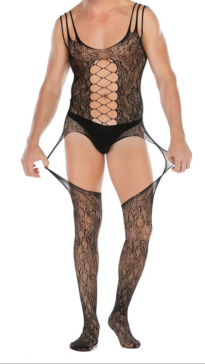 Men's Sleeveless Jacquard High-Slit Bodystocking - LTW041
