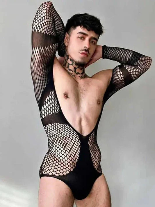 Men's V-Neck One-Piece Mesh Suit - LTW019