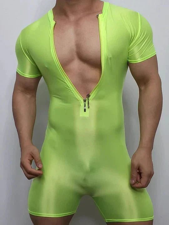 Men's Zip-Up Design Oiled Shinny Bodysuit - LTY042