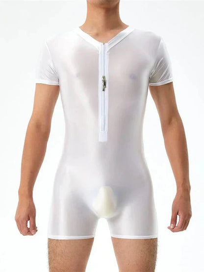 Men's Zip-Up Design Oiled Shinny Bodysuit - LTY042