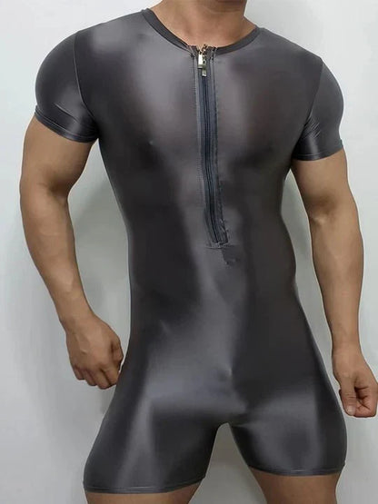 Men's Zip-Up Design Oiled Shinny Bodysuit - LTY042