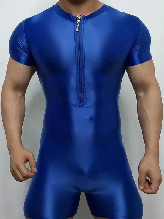Men's Zip-Up Design Oiled Shinny Bodysuit - LTY042