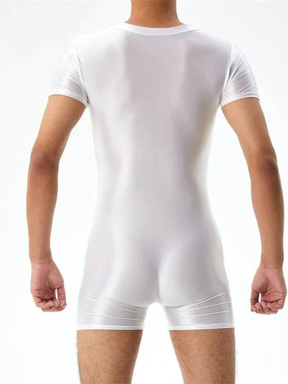 Men's Zip-Up Design Oiled Shinny Bodysuit - LTY042