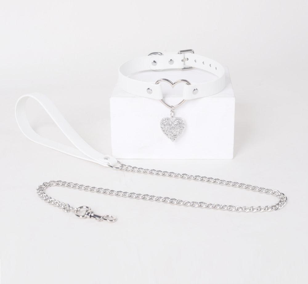Black Leather Heart Choker Collar with Metal Chain Leash Set