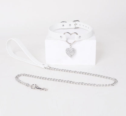 Black Leather Heart Choker Collar with Metal Chain Leash Set