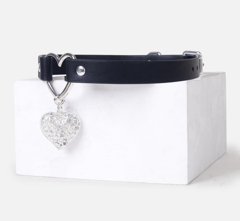 Black Leather Heart Choker Collar with Metal Chain Leash Set