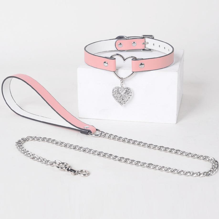 Black Leather Heart Choker Collar with Metal Chain Leash Set