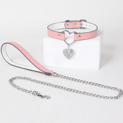 Black Leather Heart Choker Collar with Metal Chain Leash Set