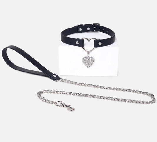 Black Leather Heart Choker Collar with Metal Chain Leash Set