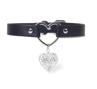 Black Leather Heart Choker Collar with Metal Chain Leash Set