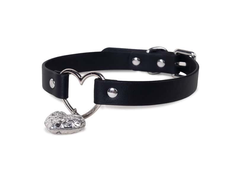 Black Leather Heart Choker Collar with Metal Chain Leash Set